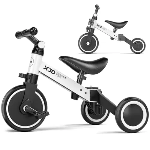 White XJD toddler tricycle with adjustable seat and handlebars