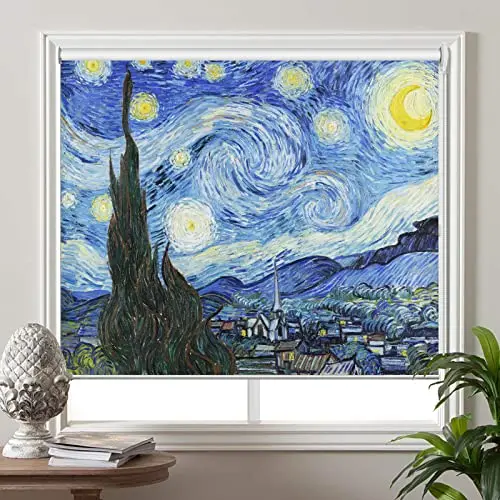 Passenger Pigeon Starry Night printed roller shade in kitchen