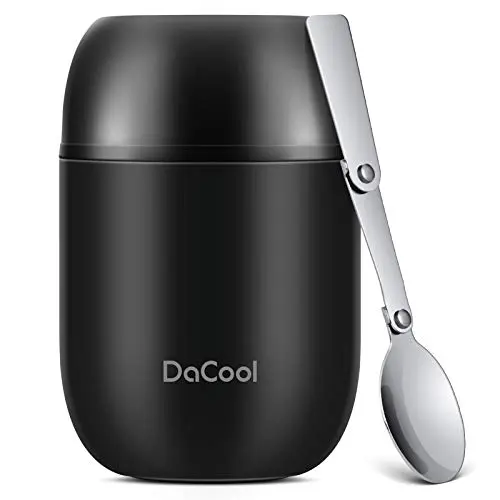 DaCool 16 oz Stainless Steel Insulated Food Jar in Black with spoon and double lid