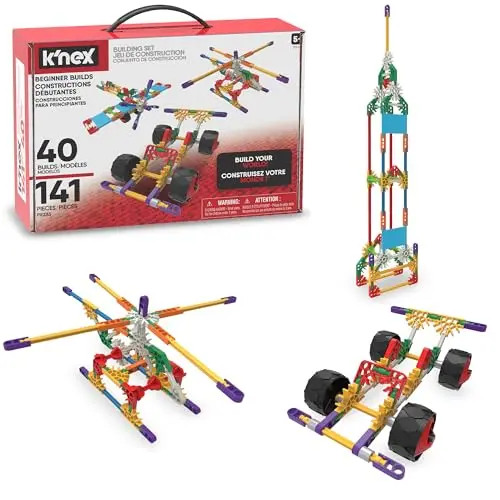 K'NEX building set with rods and connectors building various models like a car and airplane