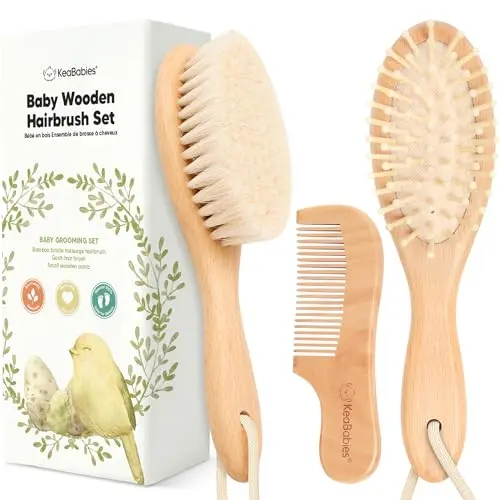KeaBabies wooden baby hair brush and comb set in walnut finish
