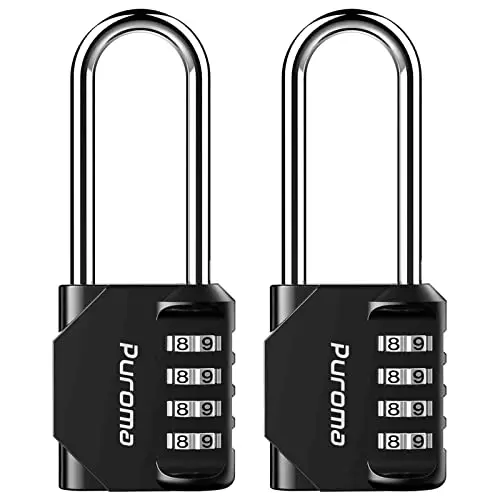 Two Puroma black combination padlocks with long shackles