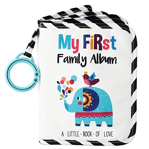 Soft fabric elephant-themed baby book open to show pages with clear pockets for 4x6 family photos