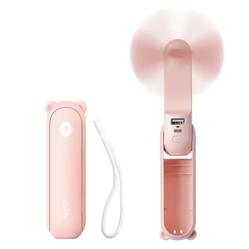 JISULIFE pink mini handheld fan with flashlight and power bank feature