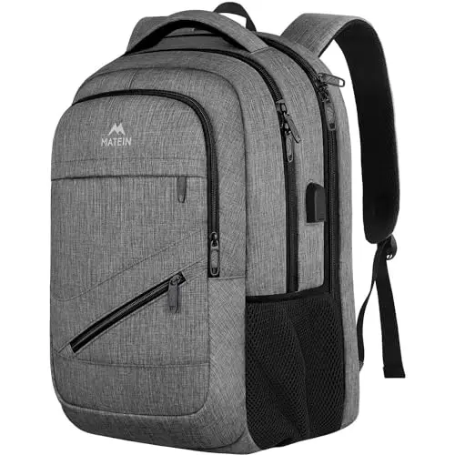 MATEIN 17-inch grey TSA-approved laptop backpack with luggage strap