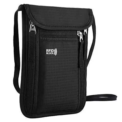 KEAFOLS Black RFID Blocking Travel Neck Pouch with multiple zippered compartments