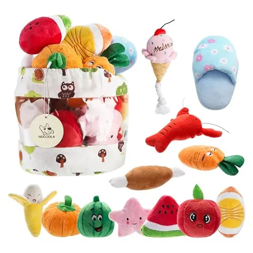 Nocciola 12-piece set of colorful plush squeaky dog toys including fruit and animal shapes.