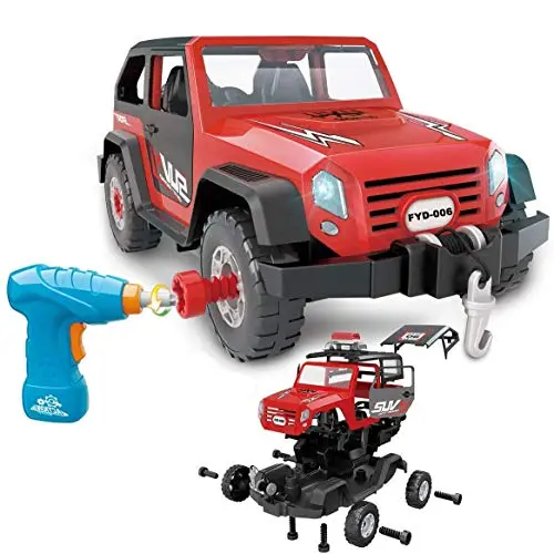 Take-apart jeep car toy with a kid using a battery-powered drill