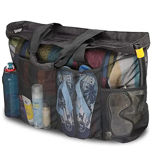 GOTDYA extra large black mesh beach tote bag with multiple pockets.