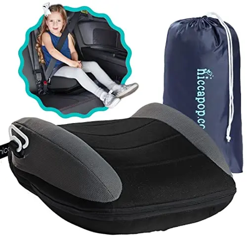 Hiccapop UberBoost inflatable booster car seat shown deflated and in its carry bag