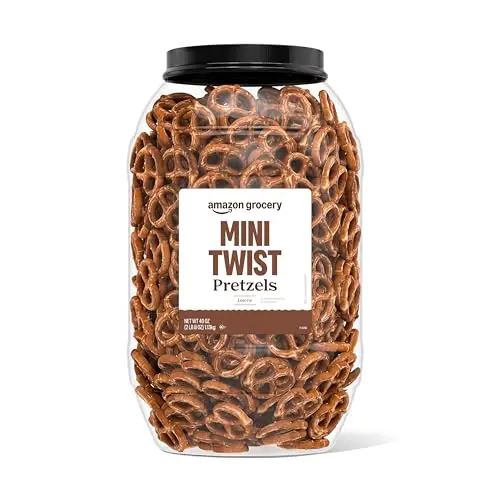 Amazon Grocery brand Mini Twist Pretzels in a large 40-ounce container