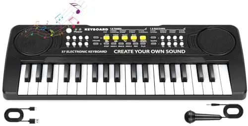 Black 37-key electronic piano keyboard for kids with wood-grain finish on keys