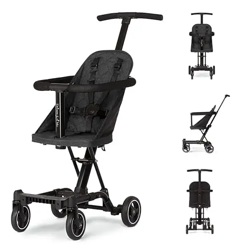 Dream On Me Coast Rider Stroller in Black, shown converting from stroller to scooter mode.