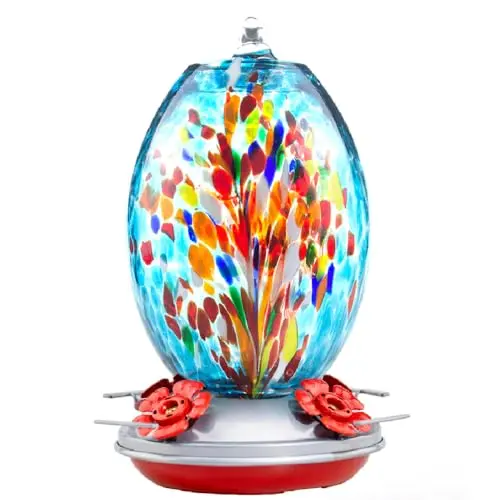 Muse Garden Blue Fireworks hand-blown glass hummingbird feeder hanging outdoors