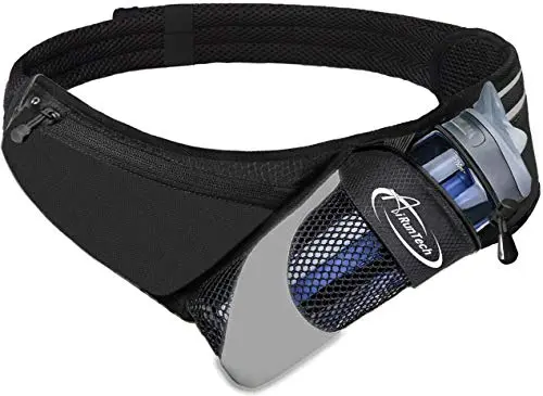 AiRunTech running belt with a flexible water bottle sleeve and two zippered pockets