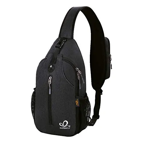 WATERFLY Black Sling Backpack worn across the back while hiking