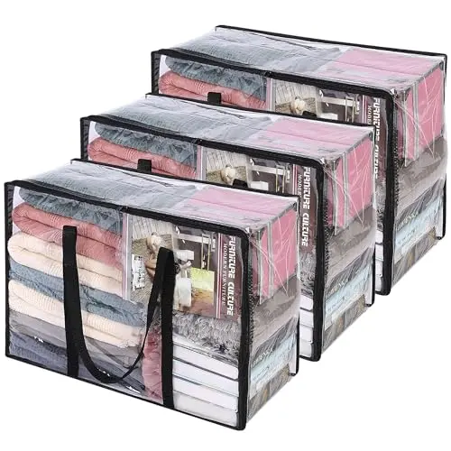 Three clear Vieshful PVC storage bags with zippers and handles