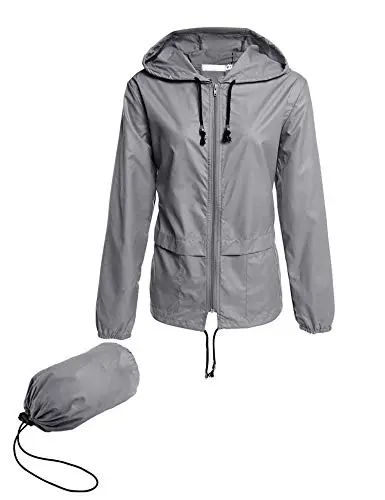 Avoogue women's grey packable raincoat with a drawstring hood and hem.