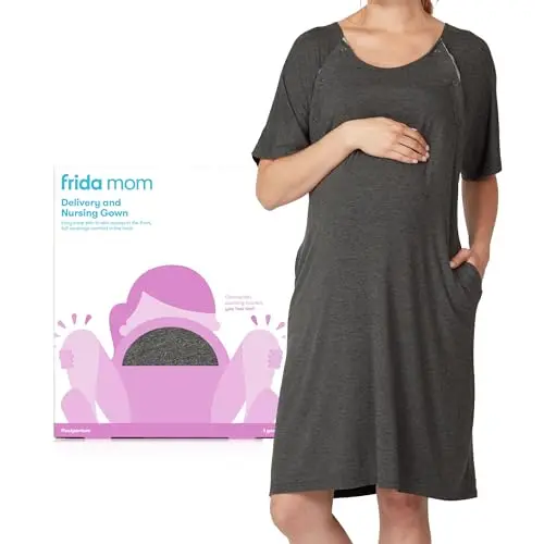 Frida Mom Labor and Delivery Gown shown in a soft grey color with front and back snap closures.