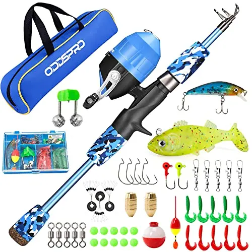 ODDSPRO kids fishing starter kit with rod, reel, tackle box, and travel bag