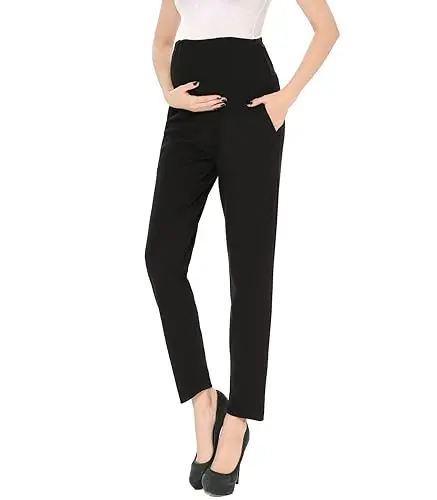 Alina Mae black maternity dress pants with an over-the-belly band and front pockets.
