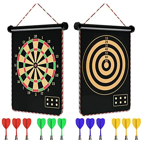 Mixi magnetic dart board set with multicolor board and darts, rolled up