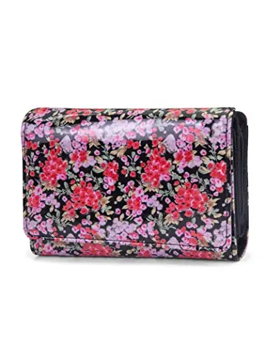 Mundi File Master Trifold clutch wallet in delicate petals pattern, showing floral design and trifold compartments