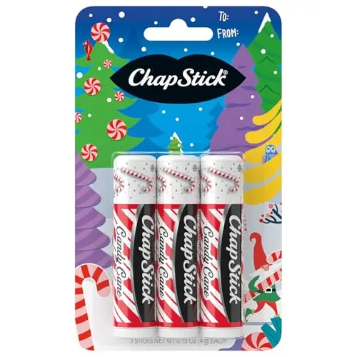 ChapStick Candy Cane flavor lip balm in festive red and white packaging, 3-count pack.