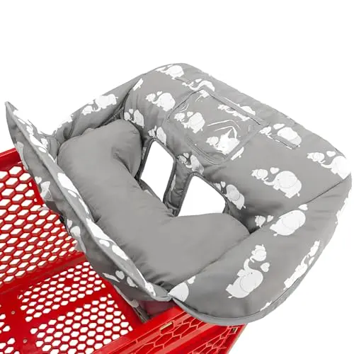 Gray elephant print shopping cart cover with attached soft pillow and multiple pockets