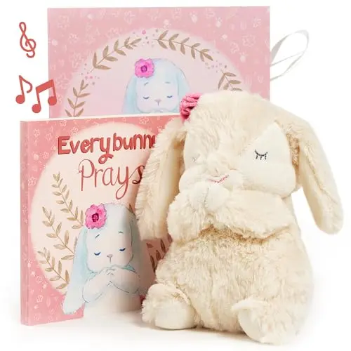 Tickle & Main Everybunny Prays pink musical prayer bunny plush toy and illustrated board book gift set.