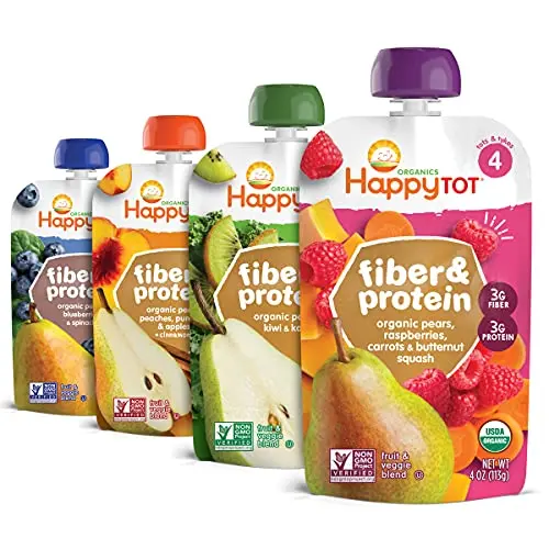 Happy Tot Organics Stage 4 Fiber and Protein baby food pouches pack