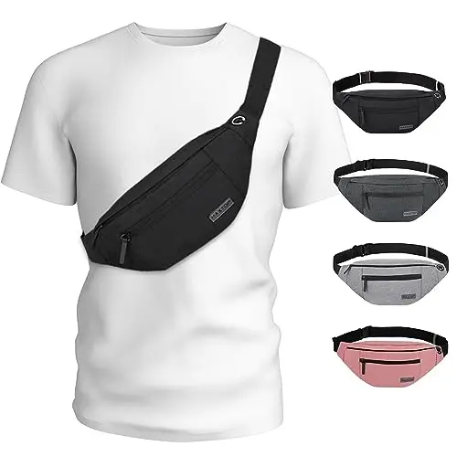 MAXTOP large black fanny pack with 4 zippers, shown being worn on the waist.