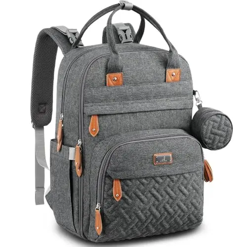 BabbleRoo diaper backpack in dark gray, showing multiple compartments and stroller straps.