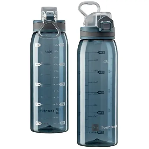 Teentumn 30oz clear blue plastic water bottle with time marker and flip lid