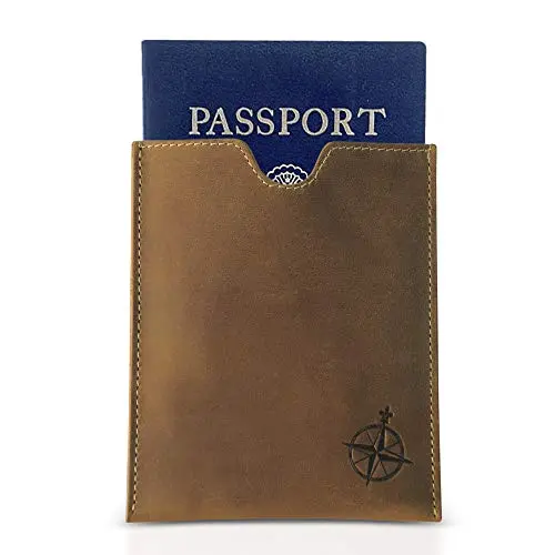 Brown genuine leather passport holder with card slots and RFID blocking.
