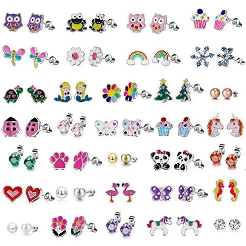 A large set of 33 pairs of colorful kids stud earrings featuring animals, unicorns, flowers, and cakes in a clear organizer.