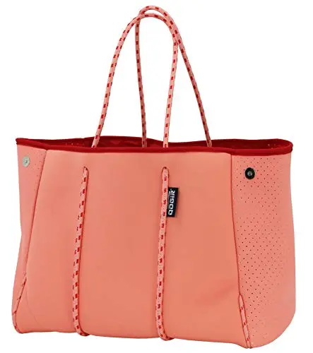 QOGiR Neoprene Multipurpose Beach Bag in Coral color, showing folded and unfolded styles