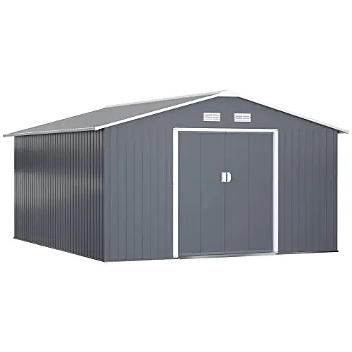 Outsunny 11x13 foot dark gray metal storage shed with foundation kit