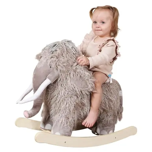 labebe mammoth plush rocking horse with wooden base for toddlers