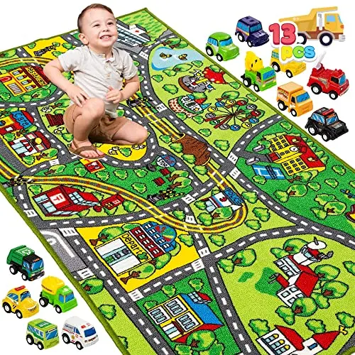 JOYIN playmat and 12 friction-powered toy cars including police car, fire truck, and school bus
