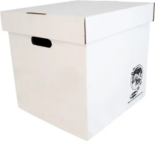 Set of ten white cardboard storage boxes for vinyl records with removable lids and handles.