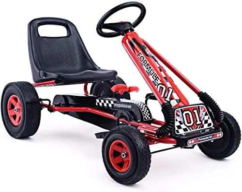 HONEY JOY red pedal go kart for kids with four wheels, a steering wheel, and an adjustable bucket seat.