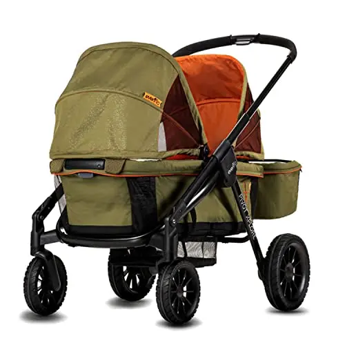 Evenflo Pivot Xplore stroller wagon in Ranger Green on a gravel beach path