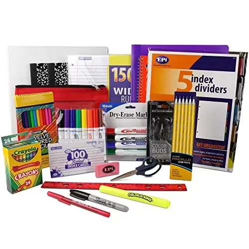 EPI school supply kit with binder, index cards, earbuds, and quality name-brand items