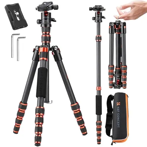 K&F CONCEPT carbon fiber camera tripod with ball head in a landscape setting