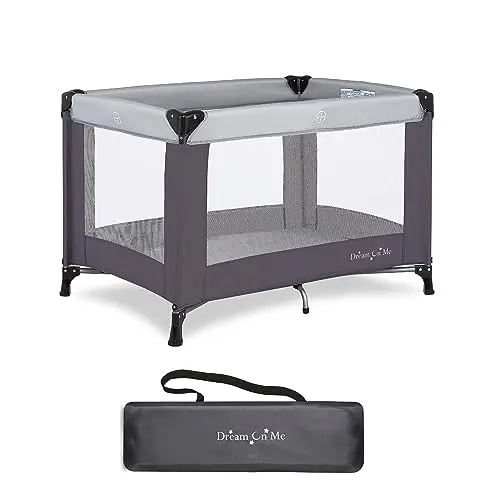 DREAM ON ME Nest Portable Playard in grey folded in tote bag