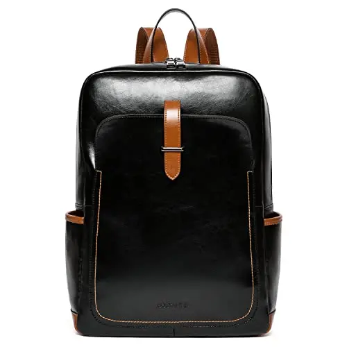 Bostanten leather laptop backpack in black-brown with multiple compartments and adjustable straps
