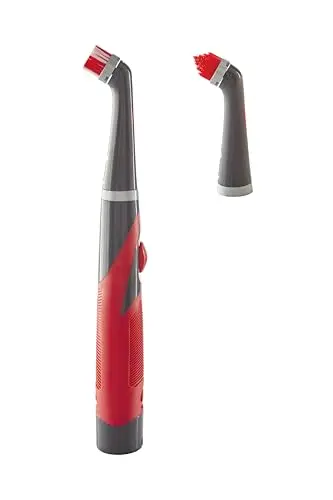 Rubbermaid Reveal cordless power scrubber with red handle and two brush heads