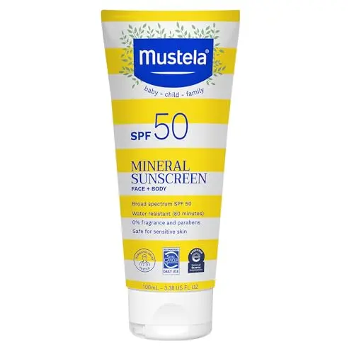 Mustela Baby Mineral Sunscreen Lotion in a white and green tube