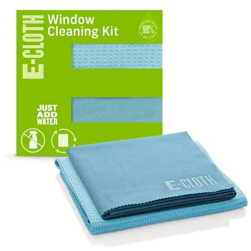 E-Cloth Window Cleaning Cloth kit with two blue microfiber cloths for cleaning windows